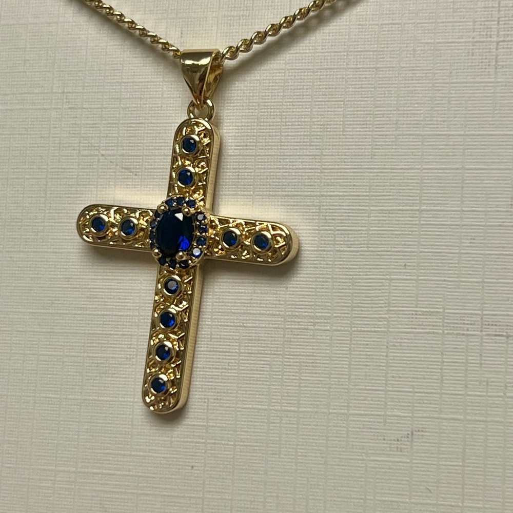 Gold and Blue Color Gemstone Cross Pendant Necklace